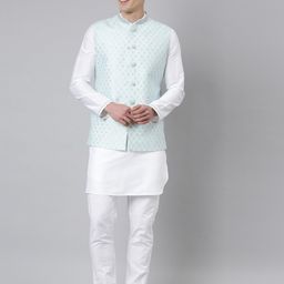 TheEthnic.Co Chanderi Silk Kurta with Pyjamas with Woven Design Nehru Jacket-picture-34