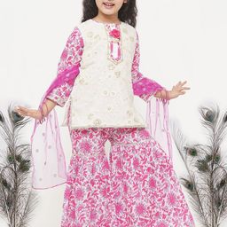 Little Bansi Girls White Floral Embroidered Pure Cotton Kurta with Sharara & With Dupatta-picture-52