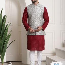 SOJANYA Embroidered Regular Pure Cotton Kurta With Pyjama & Woven Design Nehru Jacket-1