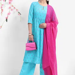 Vishudh Turquoise Blue Ethnic Motifs Printed Regular A-Line Kurta With Palazzos & Dupatta-13