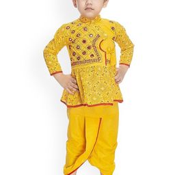 PK HUB Boys Ethnic Motifs Embroidered Angrakha Mirror Work Pure Cotton Kurta with Dhoti Pants-36