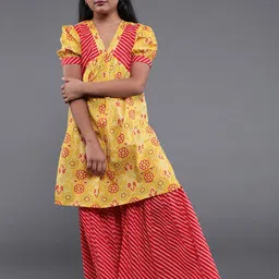 Aks Kids Girls Bandhani Printed Pure Cotton Kurta With Sharara-image-14