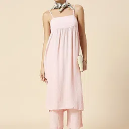 Modern Indian by CHEMISTRY Self Design Shoulder Straps Straight Kurta With Palazzo & Scarf-picture-25