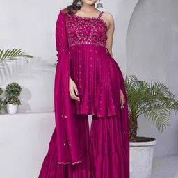 Chandbaali Floral Embroidered One Shoulder Sequinned Kurti with Sharara & Dupatta-image-72