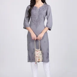 KHAKA Ethnic Motifs Embroidered Regular Chikankari Straight Kurti with Trousers-picture-43