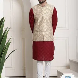 SOJANYA Ethnic Motifs Embroidered Pure Cotton Straight Kurta With Churidar & Nehru Jacket-picture-28