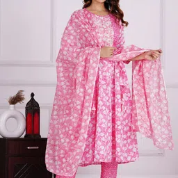 KALINI Floral Printed Thread Work Pure Cotton Anarkali Kurta with Trousers  And Dupatta-39