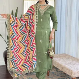 BAESD Navlik Floral Embroidered V-Neck Sequinned Straight Kurta With Trousers & Dupatta-image-22