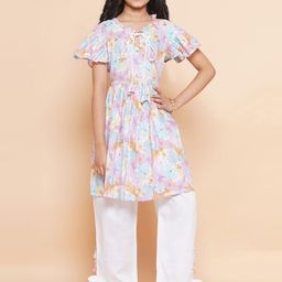 Modish Couture Girls A-Line Flared Sleeves Floral Printed Pure Cotton Kurti with Trousers-picture-36