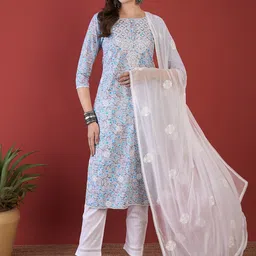 Anouk Floral Printed Round Neck Pure Cotton Straight Kurta with Trousers & Dupatta-picture-18