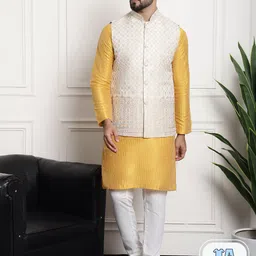 SOJANYA Striped Zari Kurta with Churidar & Woven Design Nehru Jacket-picture-14