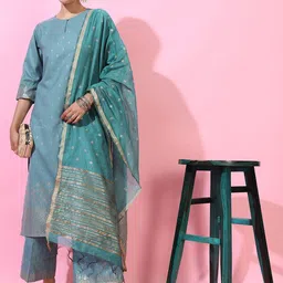 Vishudh Women Turquoise Blue Kurta with Palazzos & With Dupatta-image-15