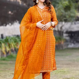 Ambraee Ethnic Embroidered Gotta Patti Chanderi Cotton Kurta with Trousers & Dupatta-picture-32