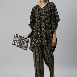 SHOWOFF Floral Printed V Neck Kaftan Kurti With Trousers-46
