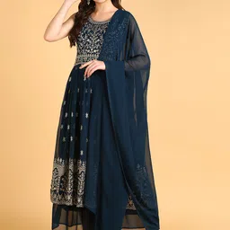 DISHWA FASHION Embroidered Empire Sequinned Silk Georgette Kurta with Sharara With Dupatta-picture-34