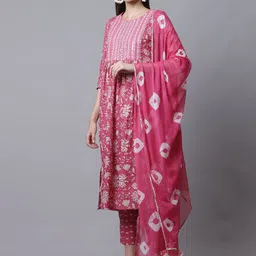 Rajnandini Women Pink Embroidered Pure Cotton Kurta with Trouser & With Dupatta Set-image-2