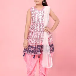 BAESD Girls Floral Printed Pleated Pure Silk V-Neck Kurta & Dhoti Pants with Dupatta-image-16