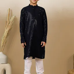 Sanwara Boys Geometric Embroidered Mandarin Collar Straight Chikankari Kurta With Pyjamas-picture-49
