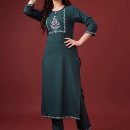 MOJILAA Floral Yoke or Border Embroidered Keyhole Neck Sequinned Linen Kurta with Trousers-26