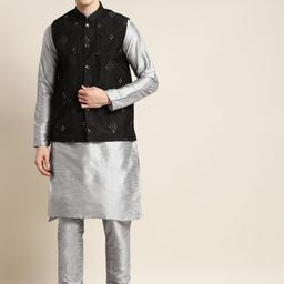 SOJANYA Mandarin Collar Regular Kurta With Pyjamas & Nehru Jacket-picture-6