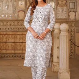 KALINI Floral Printed Regular Pure Cotton Kurta with Trousers-image-65