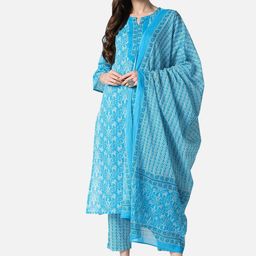 KALINI Floral Printed Straight Pure Cotton Kurta with Trousers & Dupatta-image-23