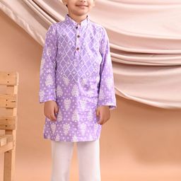 Sangria Boys Purple Floral Printed Pure Cotton Straight Kurta With Pyjama-picture-41