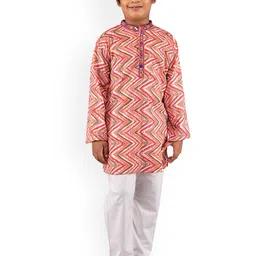 kidcetra Boys Chevron Printed Mandarin Collar Mirror Work Pure Cotton Kurta Set-picture-58