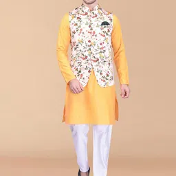 PRINTCULTR Mandarin Collar Straight Pure Cotton Kurta with Trousers & Nehru jacket-image-55