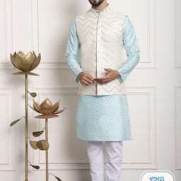 SOJANYA Ethnic Motifs Printed Sequinned Regular Kurta With Churidar & Nehru Jacket-picture-54