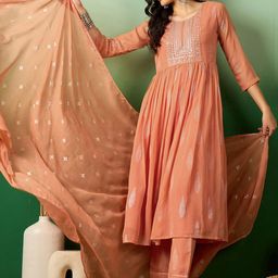Sangria Peach Floral Embroidered A-Line Kurta With Trouser & Dupatta-10