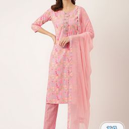Divena Floral Printed Mirror Work Pure Cotton Kurta With Trousers & Dupatta-17