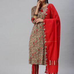 SHOWOFF Floral Printed Kalamkari Thread Work Kurta with Trousers & Dupatta-image-52