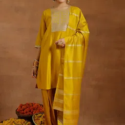 Gerua By Libas Floral Yoke Design Sequinned Straight Kurta With Salwar & Dupatta-51
