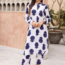 Ambraee Geometric Printed Mandarin Collar Regular Straight Kurta With Trousers-7
