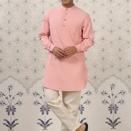 Ode by House of Pataudi Rose & Biege Band Collar Straight Kurta with Pyjamas-image-45