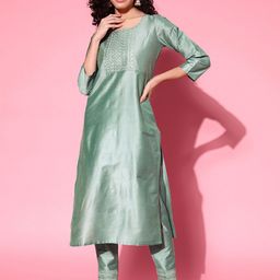 Shae by SASSAFRAS Women Sea Green Embroidered Mirror Work Kurta with Trousers-image-35