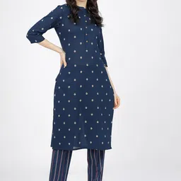 Vishudh Women Navy Blue Floral Printed Pure Cotton Kurta with Palazzos-picture-17