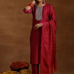 Gerua By Libas Floral Yoke Design Regular Sequinned Kurta With Trousers & Dupatta-3