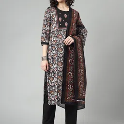 KALINI Floral Printed Thread Work Pure Cotton Kurta With Trousers & Dupatta-picture-14