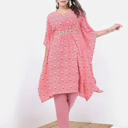 Vishudh Pink Floral Printed V-neck Kaftan With Trouser-picture-22