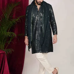 sven suits Ethnic Motifs Embroidered Sequinned Dupion Silk Kurta with Trousers & Dupatta-picture-6
