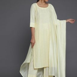 Libas Yellow Geometric Embroidered Sequinned Straight Kurta With Trousers & Dupatta-53