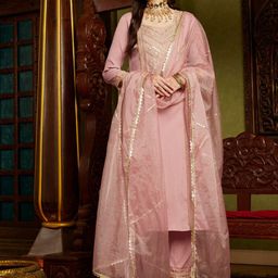 Sangria Mauve Ethnic Motifs Embroidered Sequinned Straight Kurta With Trouser & Dupatta-16