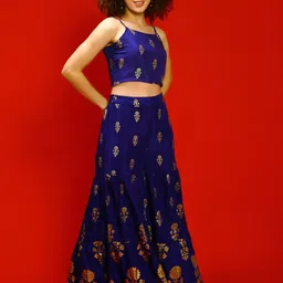 Sera Blue Floral Printed Shoulder Strap Crop Top With Sharara-0