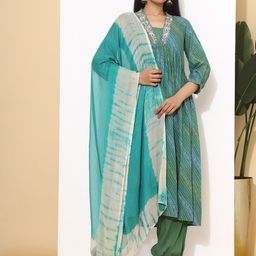 Ishin Bandhani Embroidered Pleated Mirror Work A- Line Kurta with Salwar & Dupatta-picture-11