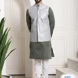 SOJANYA Woven Design Sequinned Regular Kurta With Churidar & Nehru Jacket-5