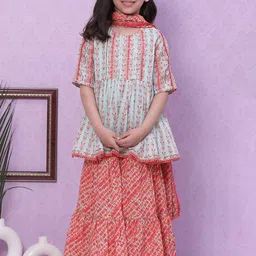 Biba Girls Ethnic Motifs Printed Gotta Patti A-Line Kurta With Sharara & Dupatta-image-83