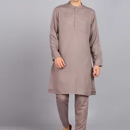 HERE&NOW Grey Mandarin Collar Straight Kurta With Trousers-picture-18