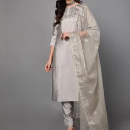 KALINI Ethnic Motifs Embroidered Round Neck Zari Straight Kurta With Trouser & Dupatta-picture-13